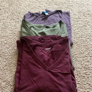 Old Navy V-Neck T-Shirt Trio in Purple, Green, and Burgundy